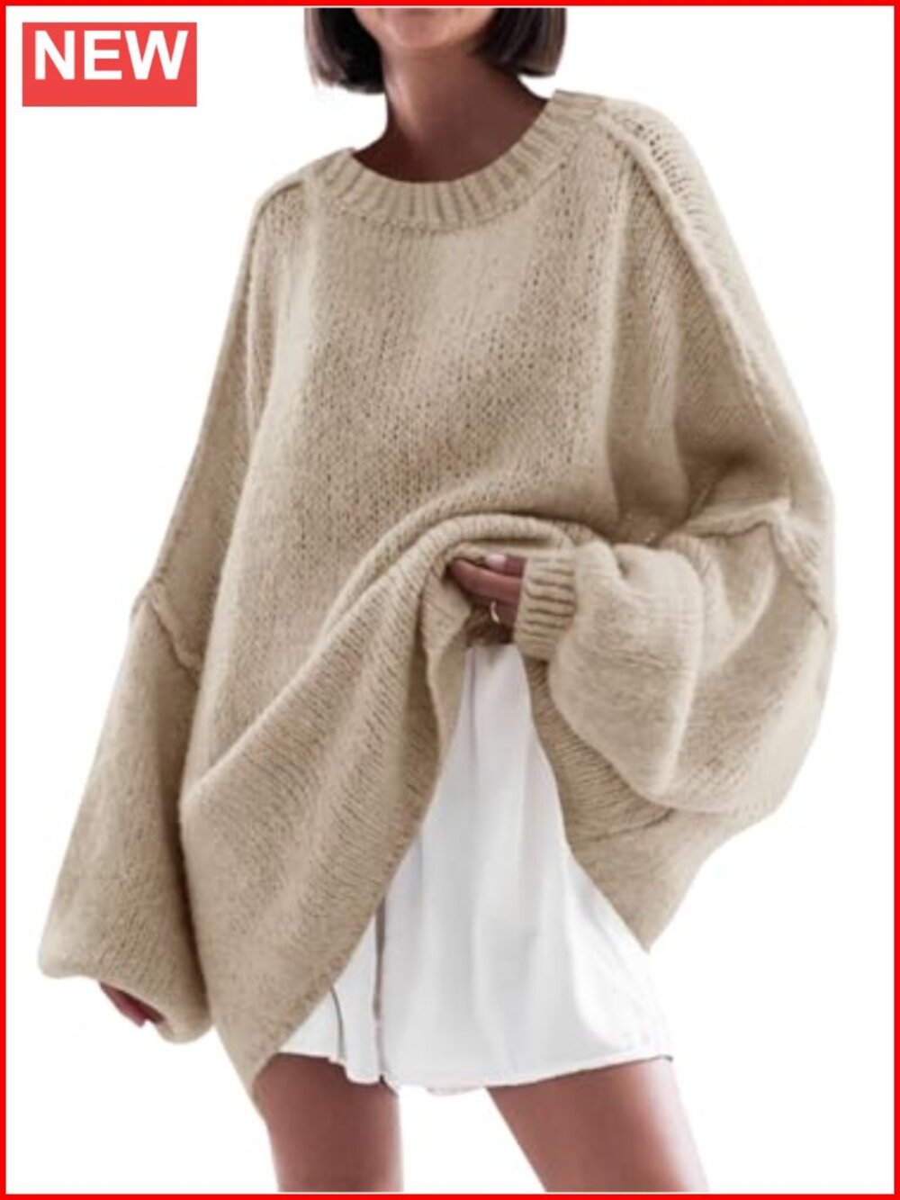Oversized Crew Neck Batwing Lantern Sleeve Pullover Chunky Knit Tunic Sweater